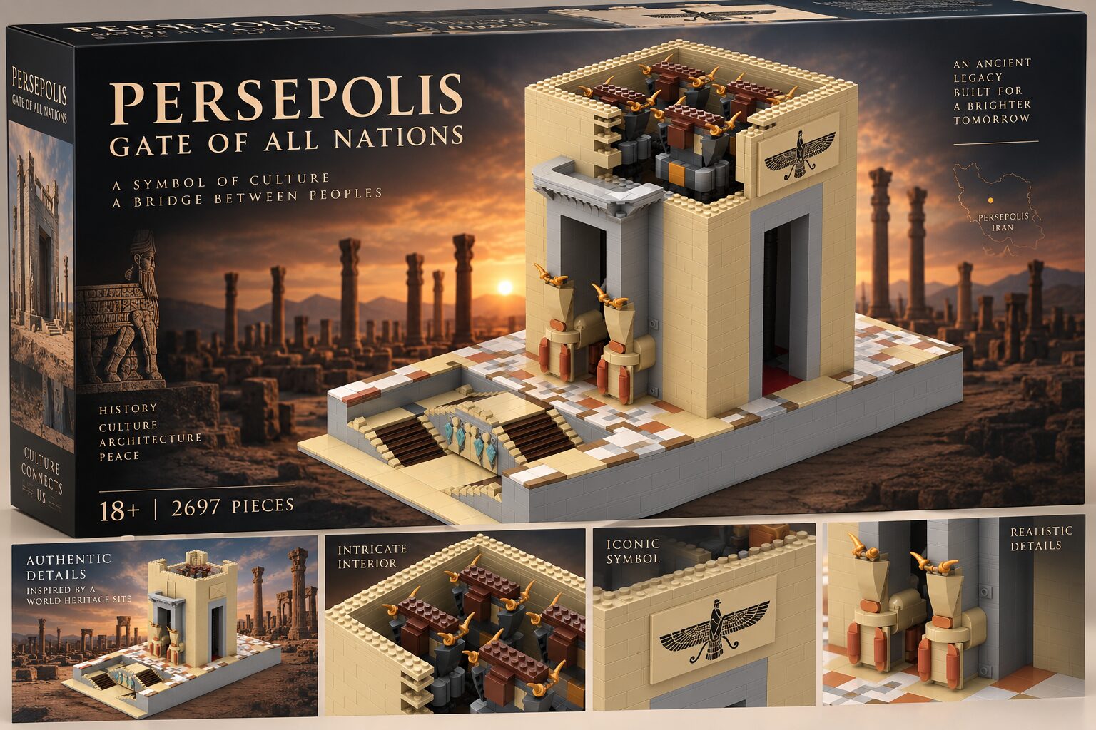 Box of the Persepolis Gate of All Nations brick set, showing the tan model with lamassu guardians against a sunset over the ruins of Persepolis